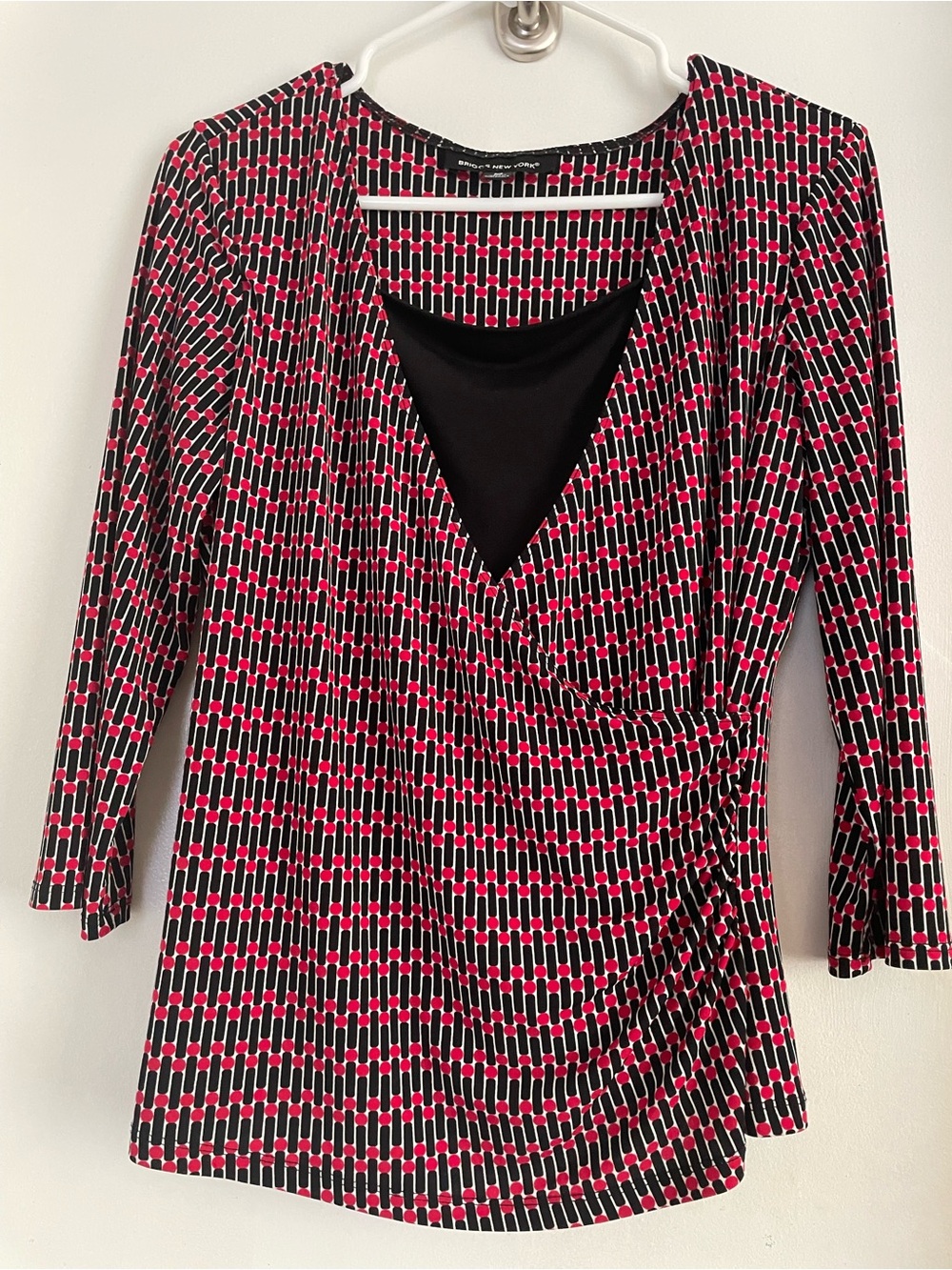 Briggs New York Black and Pink Geometric Faux-Wrap Long Sleeve Top